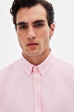 Slim Fit Pembe Armürlü Düğmeli Yaka Pamuklu Gömlek 5HC02ORT07265