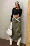 Merry See Kayık Yaka Örme Uzun Kollu Crop Top Bluz
