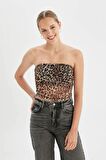 DeFacto Leopar Desenli Straplez Tül Bluz D4792AX24AUBK81