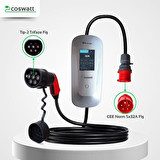 Coswatt Elektrikli Araba Taşınabilir Şarj Cihazı 22 kW / 32A / Tip-2 / 5x32A Fiş / Trifaze / 5m / Çantalı / Ev Tipi Dönüştürücü Kablolu