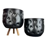 Ev Dekorasyon Aksesuar Siyah Desenli Toprak Saksı Saksılık Salon Çiçeklik İkili Set Ayaksız - 3 Ayaklı- 19 CM