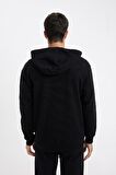 DeFacto Siyah Relax Fit Kapüşonlu Waffle Baskılı Cepli Fermuarlı Sweatshirt D2629AX24AUBK81