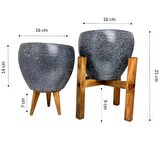 Ev Dekorasyon Gri Granit Toprak Saksı Saksılık Salon Çiçeklik İkili Set 3 Ayaklı- 4 Ayaklı- 15 CM