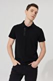 Erkek Siyah Slim Fit Dar Kesim Polo Yaka %100 Pamuk Kısa Kollu Baskılı Tişört