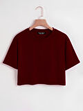 Kadın Oversize Bisiklet Yaka Düz Crop T-shirt - BORDO