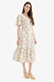 DeFacto V Yaka Çiçek Desenli Kısa Kollu Midi Yazlık Elbise E4383AX25SMYL273