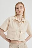 DeFacto Coool Oversize Geniş Kalıp Poplin Kısa Kollu Crop Gömlek C0739AX24SPBG360