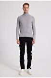 Slim Fit Gri Fitilli Pamuk Karışımlı Boğazlı Triko Kazak 5HF06ORT63100