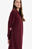 DeFacto Loose Fit Fermuarlı Polo Yaka Selanik Kumaş Basic Düz Uzun Kollu Midi Elbise F1640AX25SPBR204