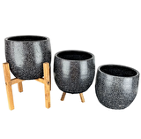 Ev Dekorasyon Aksesuar Siyah Granit Toprak Saksı Saksılık Salon Çiçeklik Üçlü Set- 19 CM