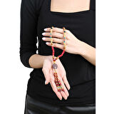 Tesbihane El Yapımı Etnik Ahşap Kombinli Kırmızı Renk Geçişli Tekerlek Detaylı Otantik Kolye