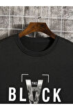 Unisex Black Baskılı Bisiklet Yaka Oversize Sweatshirt