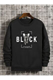 Unisex Black Baskılı Bisiklet Yaka Oversize Sweatshirt