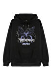 Unisex Siyah Butterfly Baskılı Oversize Kapşonlu Sweatshirt