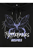 Unisex Siyah Butterfly Baskılı Oversize Kapşonlu Sweatshirt