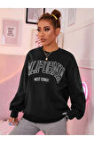Unisex Siyah California West Baskılı Bisiklet Yaka Oversize Sweatshirt