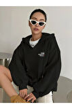 Unisex Happy Baskılı Oversize Kapüşonlu Sweatshirt