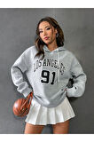 Unisex Los Angeles 91 Baskılı Oversize Kapşonlu Sweatshirt
