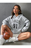 Unisex Los Angeles 91 Baskılı Oversize Kapşonlu Sweatshirt