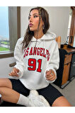 Unisex Los Angeles 91 Baskılı Oversize Kapşonlu Sweatshirt