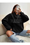 Unisex Siyah Malibu Baskılı Kapşonlu Oversize Sweatshirt