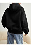 Unisex Siyah Malibu Baskılı Kapşonlu Oversize Sweatshirt