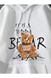 Unisex Beyaz Bear Ayı Baskılı Oversize Kapşonlu Sweatshirt