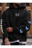 Unisex Siyah Dream Kelebek Baskılı Kapşonlu Oversize Sweatshirt