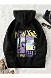 Unisex Siyah New York Baskılı Oversize Kapşonlu Sweatshirt