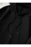 Unisex Siyah New York Baskılı Oversize Kapşonlu Sweatshirt