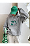 Gri Nice Baskılı Oversize Kapşonlu Sweatshirt