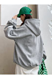 Gri Nice Baskılı Oversize Kapşonlu Sweatshirt