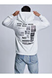 Unisex Beyaz Sırt Baskılı Kapşonlu Oversize Sweatshirt