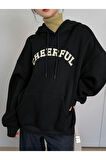 Siyah Cheerful Baskılı Oversize Kapüşonlu Sweatshirt