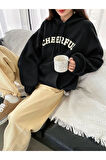 Siyah Cheerful Baskılı Oversize Kapüşonlu Sweatshirt