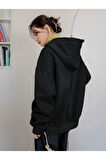 Siyah Cheerful Baskılı Oversize Kapüşonlu Sweatshirt