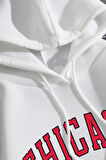Unisex Beyaz Chicago Baskılı Oversize Kapşonlu Sweatshirt