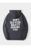 Unisex Füme Sırt Yazı Baskılı Oversize Kapşonlu Sweatshirt