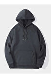 Unisex Füme Sırt Yazı Baskılı Oversize Kapşonlu Sweatshirt