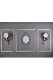 Büyük Boy 5'li ( Gümüş-beyaz) Elegante Set Timelles Çiçeklikli - Modern Duvar Saati