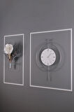 Büyük Boy 5'li ( Gümüş-beyaz) Elegante Set Timelles Çiçeklikli - Modern Duvar Saati