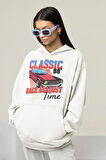 Yarış Zamanı Yazılı Unisex Oversize Klasik Araba Baskılı Hoodie