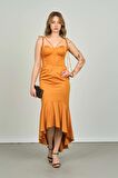 Escoll Kadın Önü Balenli Saten Abiye Elbise 2046 Oranj