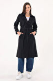Kadın Kruvaze Yaka Siyah Trençkot