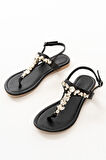 152-1110 Siyah Gümüş Taşlı Parmak Arası Kadın Sandalet