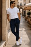 Erkek Comfort Fit Lacivert Çizgili Jogger Pantolon Esnek Kumaş 0247DNGR