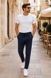 Erkek Comfort Fit Lacivert Çizgili Jogger Pantolon Esnek Kumaş 0247DNGR