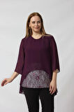 4048 Şifon -Simli Dantel Kombinli Büyük Beden Bluz Mürdüm