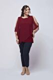 4050 Bordo Taşlı Pelerinli Şifon Büyük Beden Şık Bluz