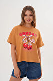 Kadın Taba Oversize Cherry Awesome Summer Baskılı Tişört